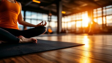 Woman meditating in a gym at sunset.  Focus on seated yoga pose on exercise mat