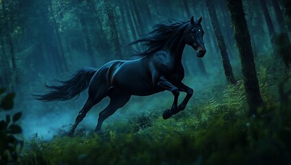 Fototapeta premium Black horse running in dark forest.