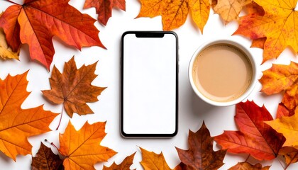 A smartphone with a blank screen is set in a cozy autumn flat lay, surrounded by vibrant fall leaves and a warm cup of coffee