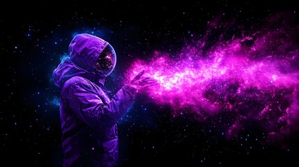 Naklejka premium Astronaut manipulating nebula, space, cosmic energy, artwork, science fiction