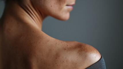 Detailed close up of shoulder curve with fresh skin and natural freckles, showing smooth texture and subtle light on bare shoulder, evoking calm and natural beauty