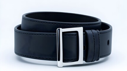 Black leather belt studio shot, minimalist background, fashion accessory