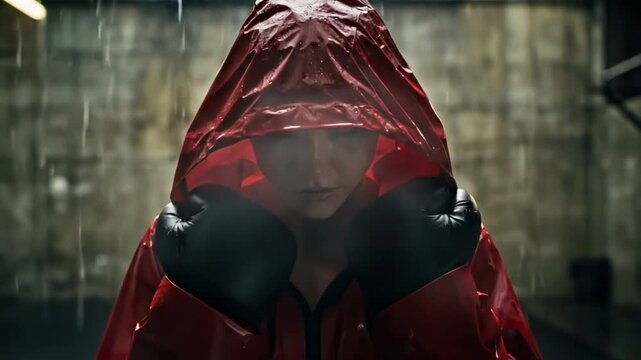sexy women boxing - A determined female boxer in a red raincoat prepares for a match, showcasing strength and focus against a gritty, industrial backdrop