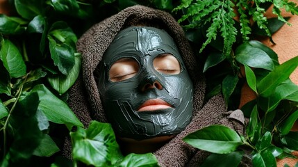 Woman with dark face mask surrounded by lush greenery