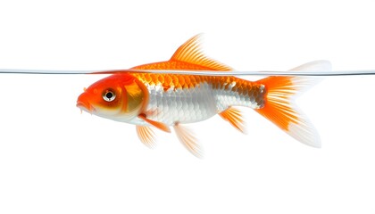A vibrant orange and white koi fish swims at the water's surface against a clean white background