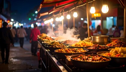 A vibrant street food stall at a bustling night market, with a variety of steaming hot dishes on display under warm lights