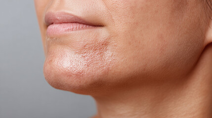 Obraz premium Detail of jawline rash caused by continuous mask use on skin with visible irritation and redness around chin and lower face area, showing discomfort and sensitivity