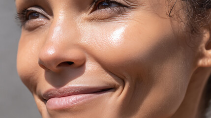 Naklejka premium Closeup of smiling face with smooth skin texture and sunlight highlighting natural glow and warm expression on cheek and lips