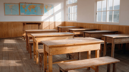 Empty rural school classroom with rustic wooden desks and benches illuminated by natural sunlight through large windows