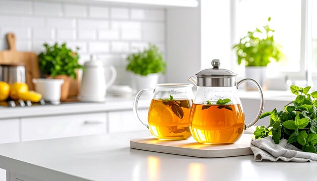 Freshly brewed mint and lemon tea in glass pots on a bright, modern kitchen counter, ready for serving