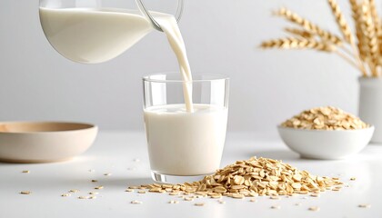 Oat milk is poured into a glass, surrounded by raw oats and wheat on a white table.