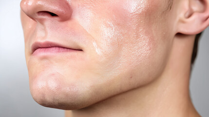 Close up of male jawline with smooth skin and slight facial hair, showing natural skin texture and healthy complexion in soft lighting