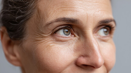 Closeup of mature woman face showing natural skin texture with wrinkles and fine lines around eyes and nose, expressing calm and thoughtful emotion