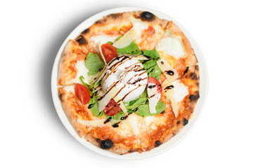 Mouthwatering pizza topped with melted mozzarella cheese captured in a beautiful top-down shot perfect for food lovers