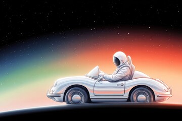 Astronaut driving a vintage car in space
