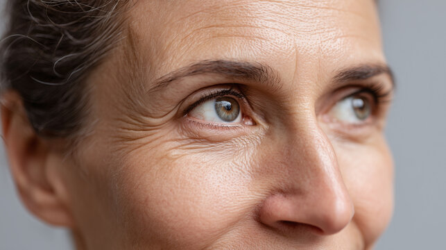 Closeup of mature woman face showing natural skin texture with wrinkles and fine lines around eyes and nose, expressing calm and thoughtful emotion