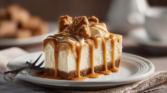 Biscoff Cheesecake with Caramel Drizzle and Cookies, perfectly captures the indulgence and deliciousness of a gourmet dessert, ideal for bakeries, food blogs, recipe books, coffee shops.