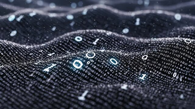Abstract Digital Wave of Binary Code with Glowing Numbers on Dark Background