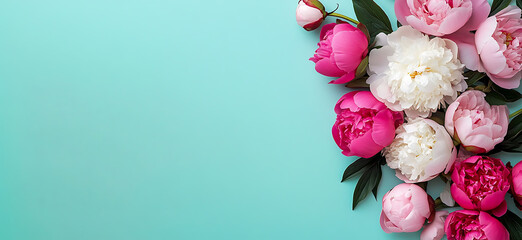 Vibrant Peonies in Pink and White Against a Soft Teal Background