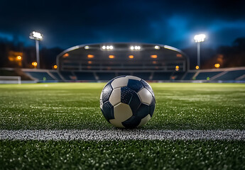 Soccer Ball on Illuminated Stadium Field at Night