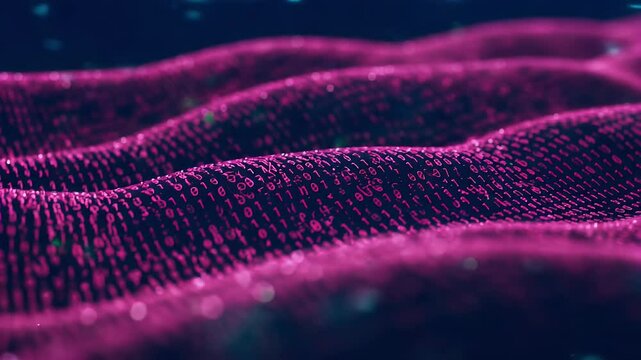 Abstract Digital Wave Structure with Binary Code in Pink and Blue Tones on Dark Background