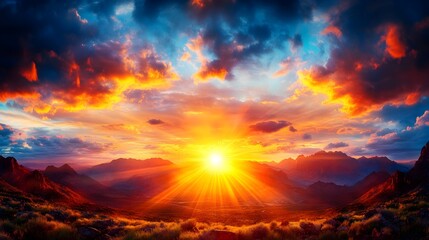 Fototapeta premium Vibrant sunset over mountain range, fiery clouds, panoramic view