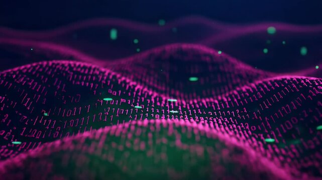 Abstract Digital Waveform with Binary Code in Purple and Green Colors on Dark Background