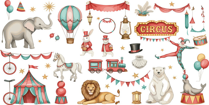 Set of watercolor illustrations with Circus tent, carnival animals and performers. Drawing of bear and lion for Baby shower greeting cards. Art of seal, elephants and balloons for nursery posters. - Powered by Adobe