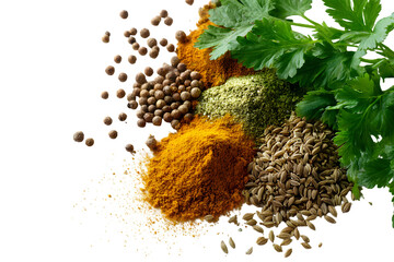 A vibrant display of assorted spices and herbs against a dark background creating a culinary palette