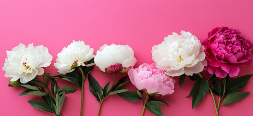 Vibrant Peonies in White, Pink, and Magenta on a Pink Background