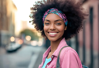 Young woman with afro hairstyle and colorful headband smiling outdoors