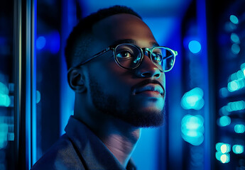 Man in glasses looking contemplatively in a blue-lit environment