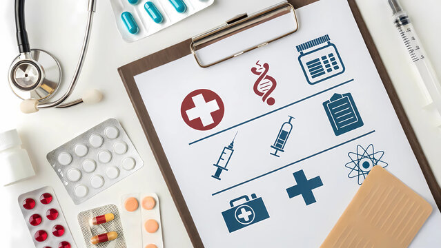 Medical healthcare concept with stethoscope pills and clipboard for health and wellness checkup
