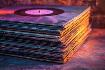 A stack of old vinyl records, showcasing a vintage music collection bathed in warm and cool lighting.