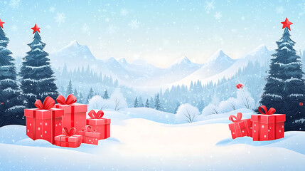 Snowy Winter Landscape with Gift Boxes and Christmas Trees