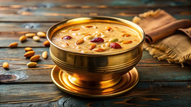 A traditional Kerala sweet dish of Palada payasam with a mixture of rice flour and jaggery syrup served in a golden metal bowl , kerala sweets, dessert