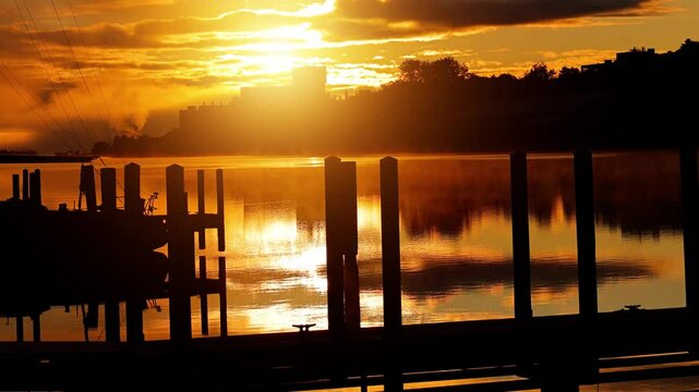 Looking across the Portage Canal at the town of Houghton Michigan on a beautiful Autumn Morning.