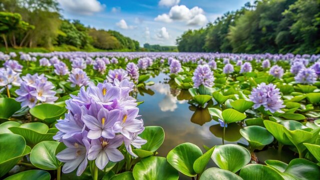 Eichhornia Crassipes hyacinth floating on tropical river pond in Trinidad and Tobago, aquatic growth, Eichhornia Crassipes