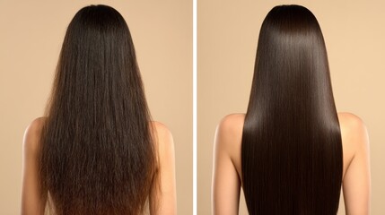 A before and after hair treatment photo of the back view of an attractive woman with long, straight