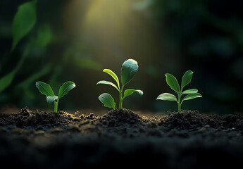 Young Plants Emerging from Soil Under Soft Light
