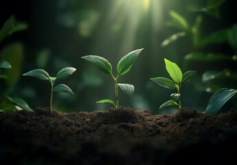 Young Plants Emerging from Soil Under Sunlight