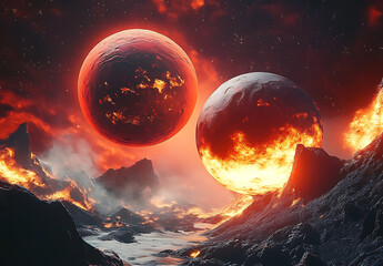 Fiery Planets Hover Over a Volcanic Landscape