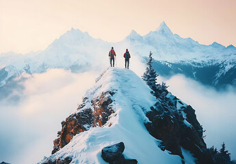 Two hikers stand atop a snowy mountain peak, overlooking a sea of clouds and distant snow-capped mountains.