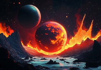 Fiery Planetary Landscape with Luminous Celestial Bodies