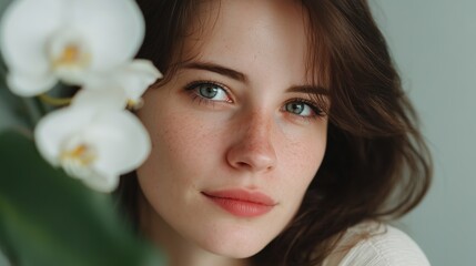 Naklejka premium A serene portrait of a beautiful woman with soft, natural skin and a captivating gaze is subtly framed by delicate white orchids, symbolizing beauty and grace.