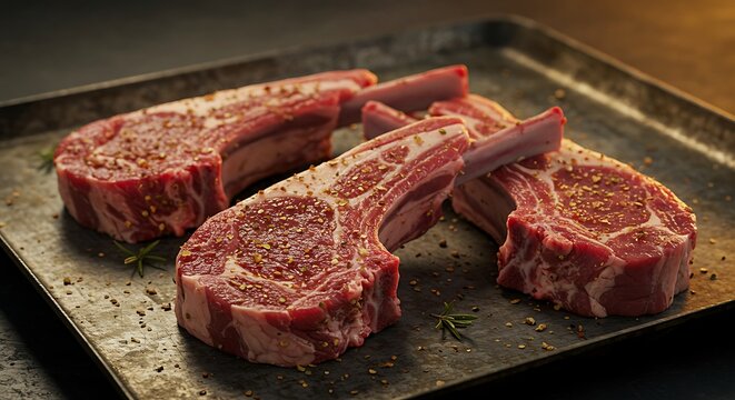 Scene of raw lamb chops seasoned with spices, ready to grill, set on a rustic metal tray with shadows and warm lighting