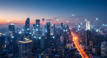 Smart city, Network, Cityscape, Smart City Network at Night