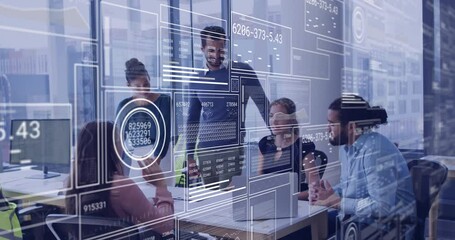 Business team examining data fade in, tapping laptops and tracking HUD graphs for analysis - Powered by Adobe