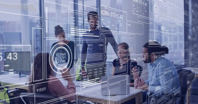 Business team examining data fade in, tapping laptops and tracking HUD graphs for analysis - Powered by Adobe