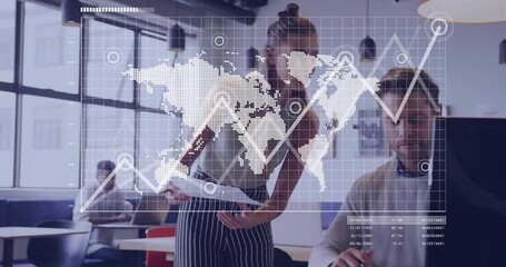 On showing charts female and male colleagues analyzing data for business review via map overlay - Powered by Adobe